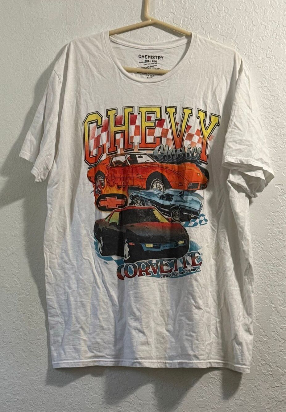 Chevy Chevrolet Corvette Cars Classic Men's White Throwback T-Shirt 2x